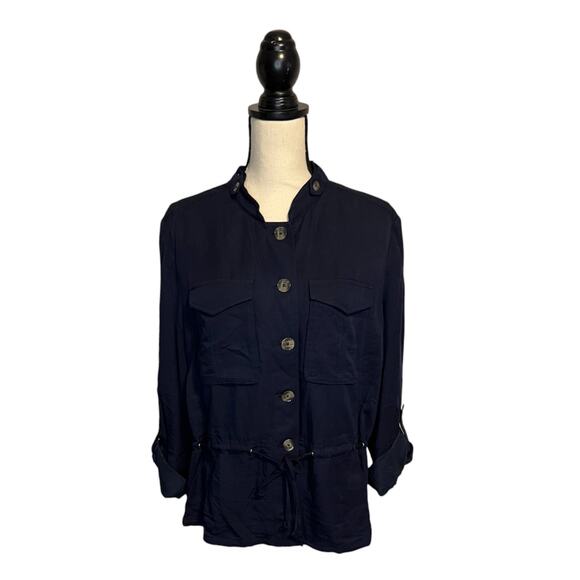 NWT White House Black Market Long Sleeve Soft Jacket Sz 16 Navy Waist Drawstring - Picture 5 of 8